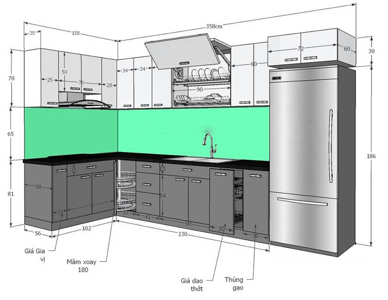 So sánh tủ bếp acrylic và melamine 4 kích thước tủ bếp phù hợp cho mọi gia đình Việt