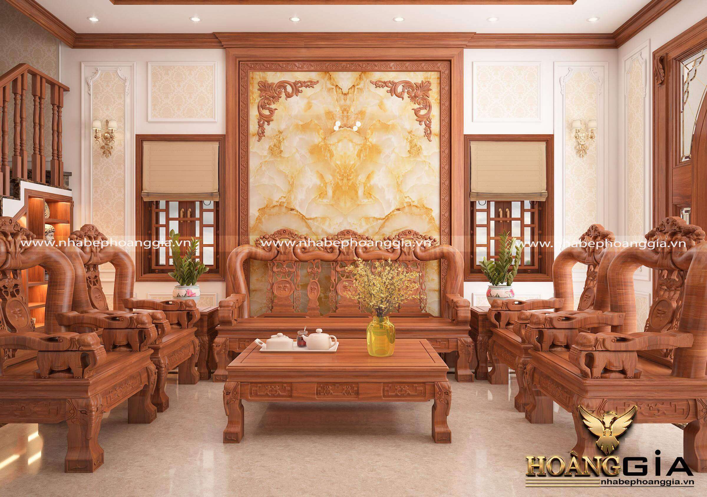 Bộ Sofa phòng khách Hoàng gia Tân cổ điển gỗ gõ đỏ VIP  Đồ Gỗ Nguyễn Vinh