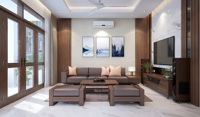 phòng khách gỗ óc chó đẹp