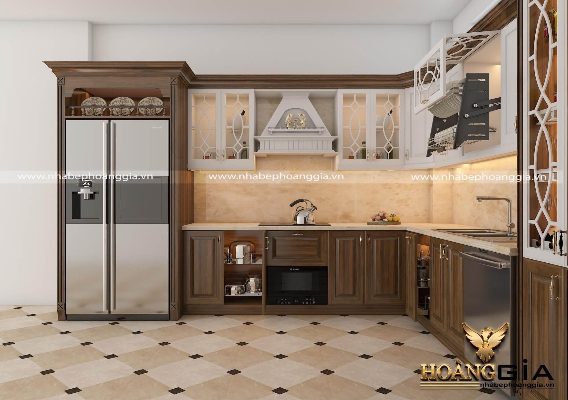 Tủ bếp gỗ sồi tân cổ điển nhẹ nhàng