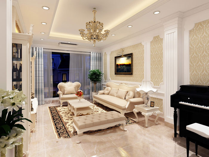 thiết kế phòng khách tân cổ điển nhà ống