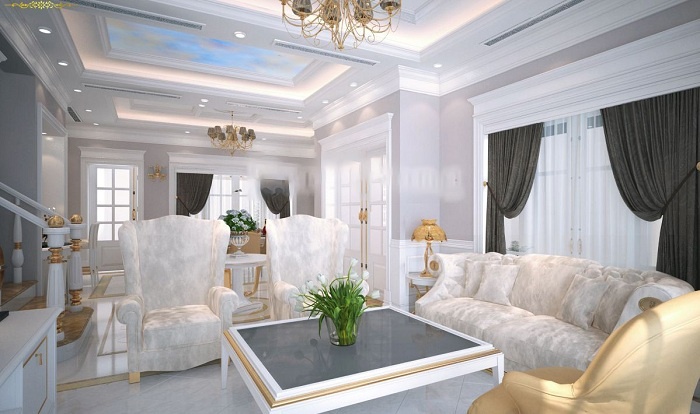thiết kế phòng khách tân cổ điển nhà ống