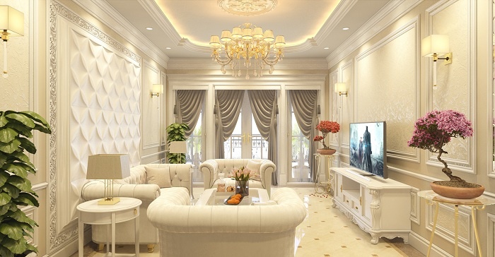 thiết kế phòng khách tân cổ điển nhà ống