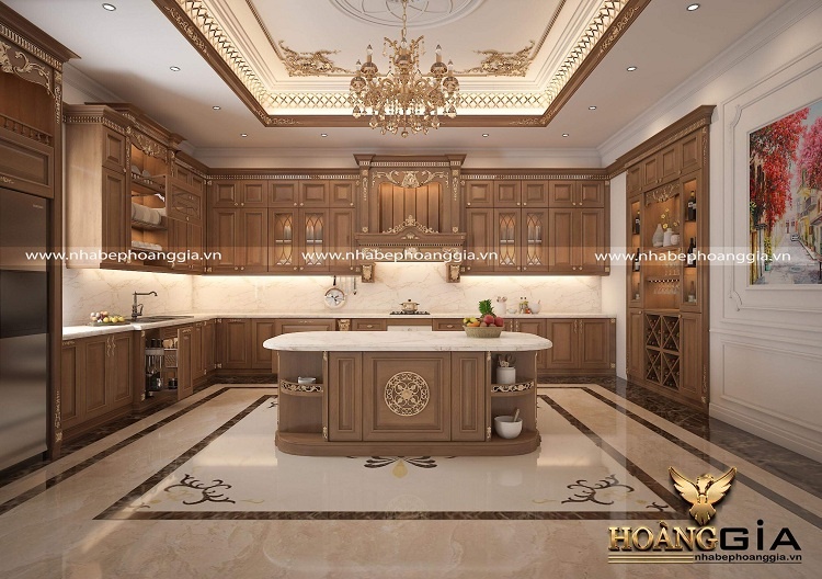 thiết kế tủ bếp tân cổ điển dát vàng