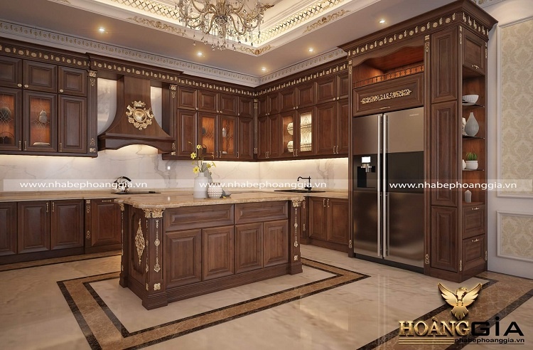thiết kế tủ bếp tân cổ điển dát vàng