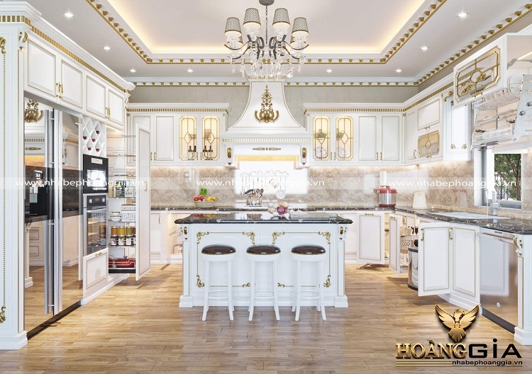 tủ bếp tân cổ điển sơn trắng