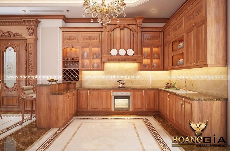 tủ bếp tân cổ điển gỗ gõ đỏ