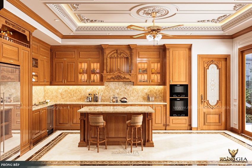 Mẫu tủ bếp đẹp 2024 gỗ gõ đỏ tự nhiên