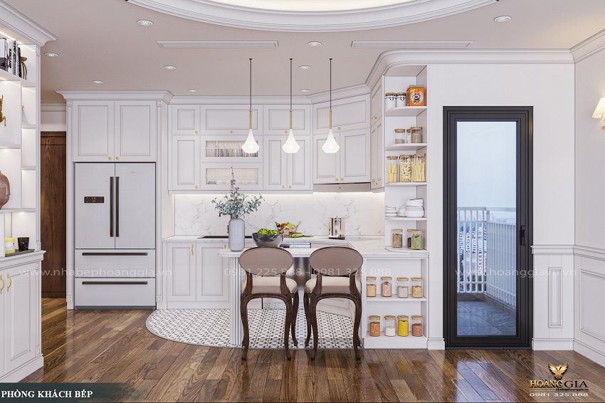 Mẫu thiết kế phòng bếp chung cư sơn trắng