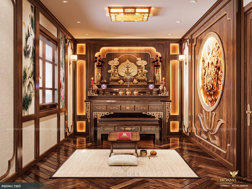 Phòng thờ gỗ gõ đỏ thờ Tam Thế Phật
