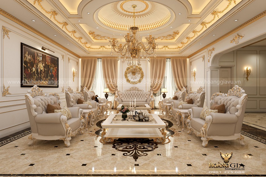 Mẫu phòng khách tân cổ điển màu trắng xu hướng mới nhất 2025 Luxury
