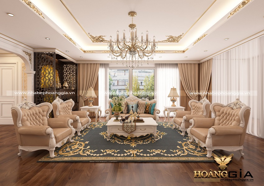 Mẫu phòng khách tân cổ điển màu trắng xu hướng mới nhất 2025 thanh lịch