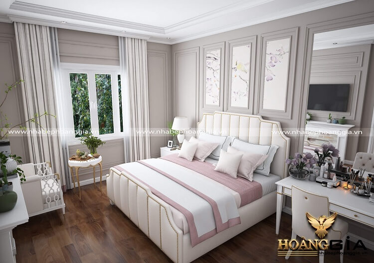 Mẫu phòng ngủ tân cổ điển màu trắng xu hướng mới nhất 2025 kiểu CG