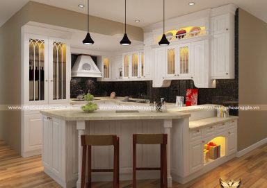 Mẫu tủ bếp gỗ tự nhiên sơn trắng 03