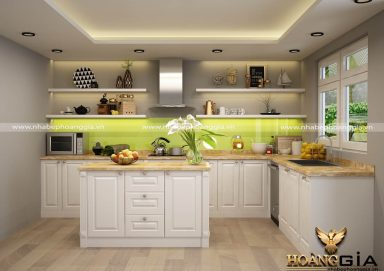 Mẫu tủ bếp gỗ tự nhiên sơn trắng 14