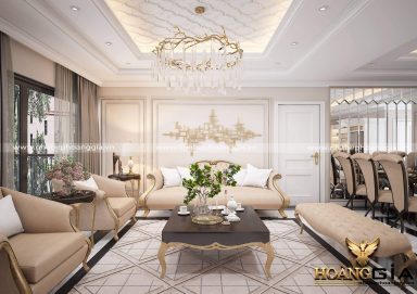 Mẫu thiết kế phòng khách tân cổ điển gam màu be cho biệt thự PKBT04