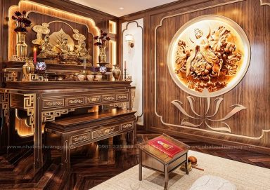 Không gian phòng thờ Phật sử dụng hoạ tiết lá bồ đề