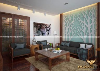 Mẫu phòng khách sang trọng ấm cúng với gỗ óc chó hiện đại PKHD10
