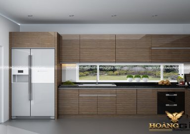 Mẫu tủ bếp Acrylic vân gỗ hiện đại
