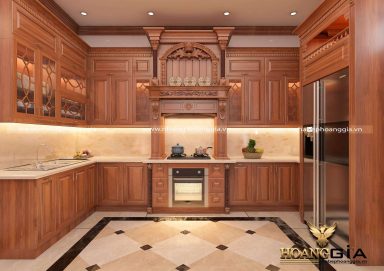 Thiết kế phòng khách bếp tân cổ điển gỗ gõ nhà chị Thùy Anh (Thanh Hóa)