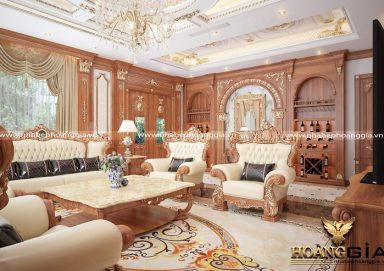 Đẳng cấp với phòng khách bếp tân cổ điển nhà biệt thự gỗ gõ đỏ dát vàng