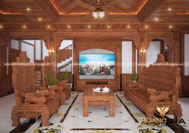 Mẫu phòng khách đồng kỵ chất liệu gỗ gõ đỏ cho nhà biệt thự
