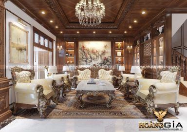 Phòng khách liên thông phòng bếp cho biệt thự gỗ tự nhiên cao cấp