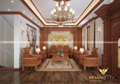 Mẫu thiết kế phòng khách đồng kỵ gỗ gõ đỏ đầy sang trọng