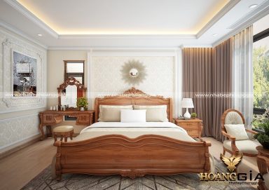 Mẫu thiết kế phòng ngủ đẹp tân cổ điển gỗ gõ PNTCD 23