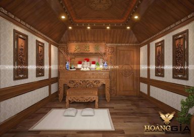 Mẫu thiết kế phòng thờ sang trọng với chất liệu gỗ gõ đỏ