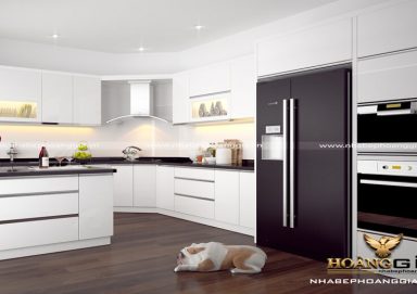 Mẫu tủ bếp gỗ Acrylic hình chữ G tiện lợi