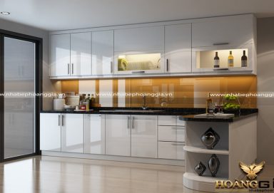 Mẫu tủ bếp gỗ Acrylic hình chữ L tiện lợi