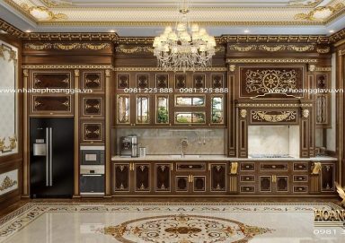 Đẳng cấp với mẫu thiết kế tủ bếp cổ điển dát vàng