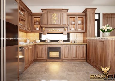 Mẫu tủ bếp tân cổ điển gỗ cẩm 09 đầy thu hút