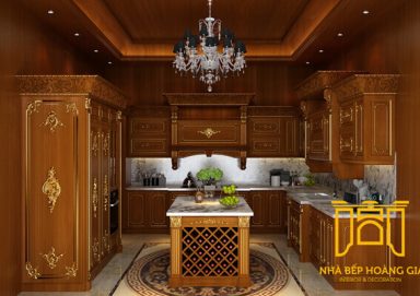 Mẫu tủ bếp dát vàng gỗ gõ 02