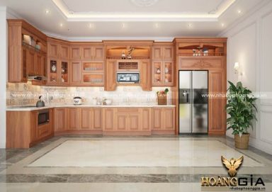 Mẫu tủ bếp tân cổ nhẹ nhàng chất liệu gỗ gõ 10