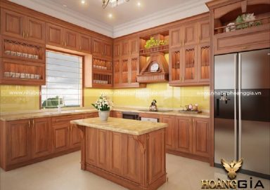 Mẫu tủ bếp nhà phố với chất liệu gỗ gõ 11