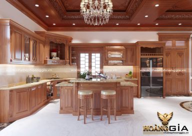 Mẫu tủ bếp có bàn đảo gỗ gõ tự nhiên 18