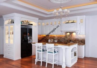 Mẫu tủ bếp gỗ tự nhiên sơn trắng 01