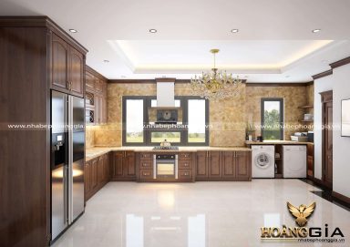 Thiết kế tủ bếp gỗ gõ tân cổ điển nhà chú Tuấn (Hà Nội)